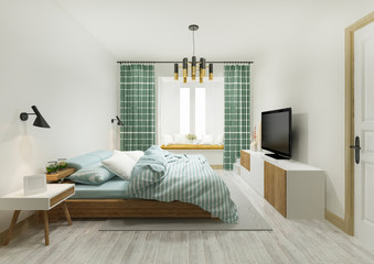 3d rendering green vintage minimal bedroom suite in hotel with tv