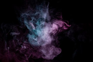 Colored background with winding clouds of smoke from patterns of different forms of pink, green and blue colors with tongues of flame on a black isolated background. Print for t-shirt.