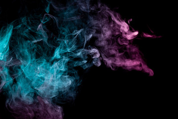 Colored background with winding clouds of smoke from patterns of different forms of pink, green and blue colors with tongues of flame on a black isolated background. Print for t-shirt.