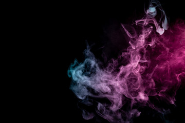 Colored background with winding clouds of smoke from patterns of different forms of pink, green and blue colors with tongues of flame on a black isolated background. Print for t-shirt.