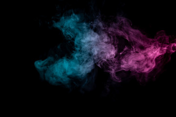 Colored background with winding clouds of smoke from patterns of different forms of pink, green and blue colors with tongues of flame on a black isolated background. Print for t-shirt.