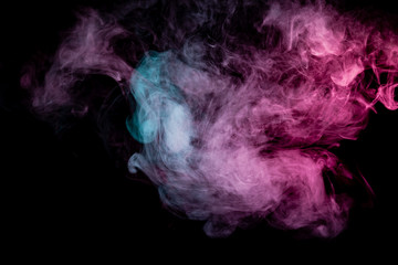 Colored background with winding clouds of smoke from patterns of different forms of pink, green and blue colors with tongues of flame on a black isolated background. Print for t-shirt.
