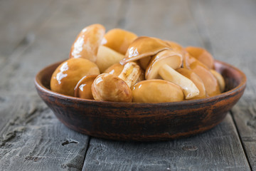 Bowl with fresh mushrooms from the forest on the village table.