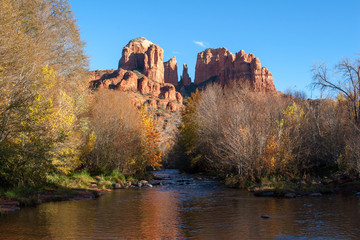 Cathedral Rock from Red Rock Crossing in Sedona, Arizona on a clear, cloudless autumn afternoon.
