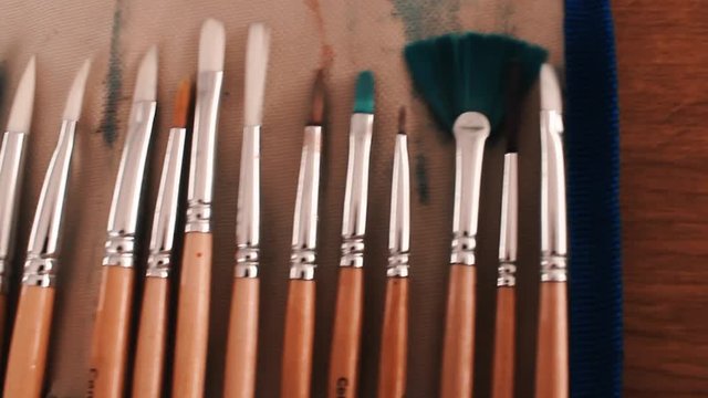 Paint brushes organized in a row