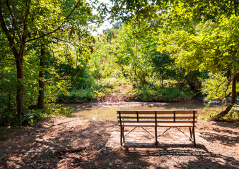 A bench in a sunny area next to Nine Mile Run, a stream that flows through Frick Park, Pittsburgh, Pennsylvania, USA on a summer day