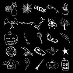 Halloween doodle set isolated on black background. Cartoon set with black Halloween doodle elements. Outline symbol collection. Hand drawn sketch magician collection