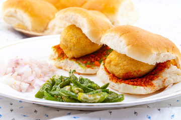 Indian Famous Street Food Vada Pav Also Know as Vada Paav, Wada Pav or Wada Pao is a Vegetarian Fast Food Dish From Maharashtra
