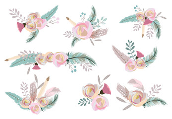 pastel bouquet set with flower,rose,leaves,wreath illustration for sticker,postcad,birthday invitation