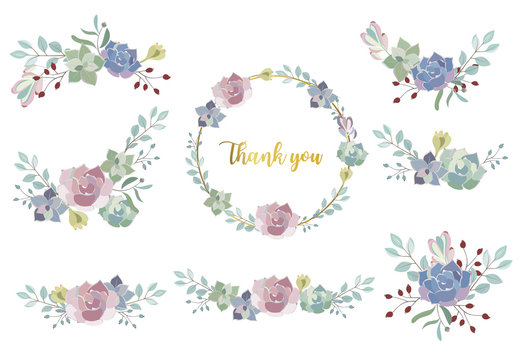 pastel bouquet set with flower,cactus,leaves,wreath illustration for sticker,postcad,birthday invitation