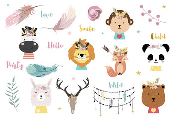 Pastel bohemian animal set with panda,llama,bear,fox illustration for sticker,postcard,birthday invitation