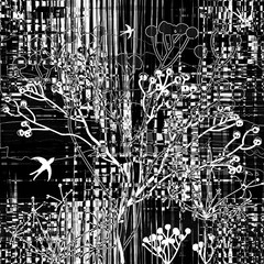  Abstract collage with silhouette of birds and trees on grunge striped background