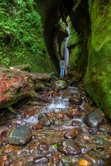 View of a river and a waterfall in a beautiful natural canyon. Taken in Sombrio Beach near Port Renfrew, Vancouver Island, BC, Canada.