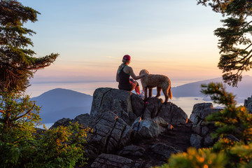 Adventurous Girl is hiking with a dog on top of St. Mark's Mountain during a sunny summer sunset....