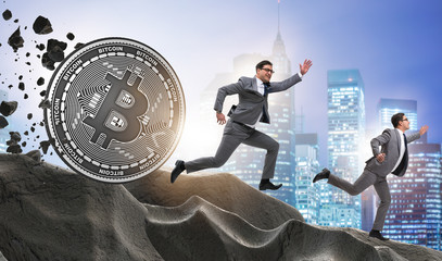 Bitcoin chasing businessman in cryptocurrency blockchain concept