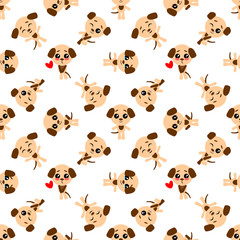 Seamless pattern of cartoon dog on white background.