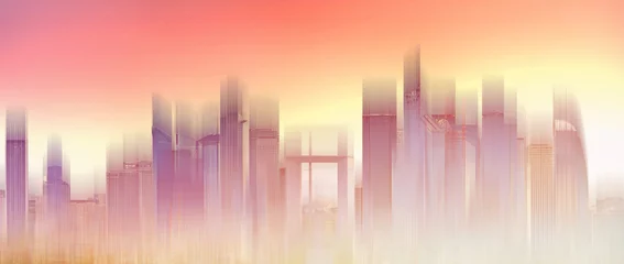 Foto op Aluminium Meloen Wolkenkrabber die de skyline van de stad bouwt, gloeiend zonsonderganglicht. Abstracte stad achtergrond