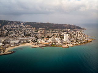 Aerial panorama of Haifa from flying drone - the third largest city of of Israel. Beautiful view of...