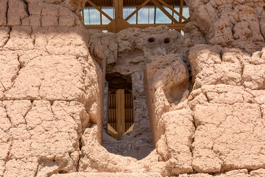 Section of an ancient wall showing 2 windows at the Casa Grande Ruins National Monument, Coolidge, AZ