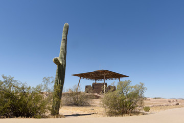 Ancient structure building under a protective roof at Casa Grande Ruins National Monument, Coolidge, AZ