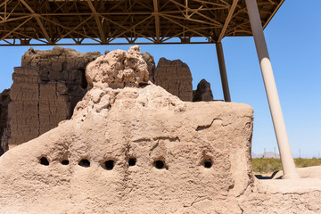 Section of an ancient wall showing 2 windows at the Casa Grande Ruins National Monument, Coolidge, AZ