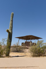 Ancient structure building under a protective roof at Casa Grande Ruins National Monument, Coolidge, AZ