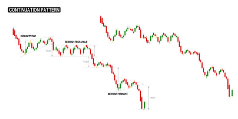 Compilation of Continuation(down trend) in one stock chart. There are stock chart with pattern marking and no marking.