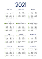 Vector 2021 new year calendar planner template in minimal table simple style blue and green color,Holiday event adenda,Week Starts Sunday.12 month layout annual calender.timetable for diary.