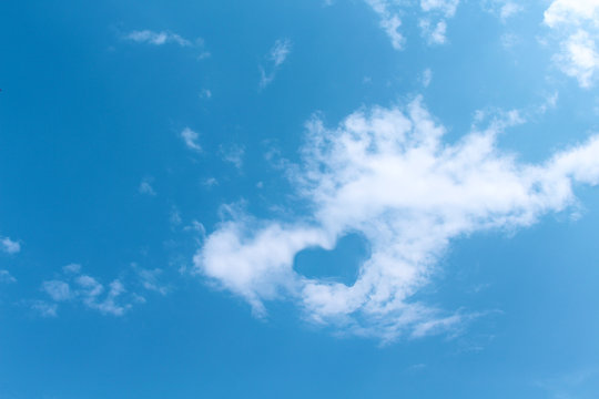 Blue sky background , white clouds with heart shaped patterns floating in summer day , copy space