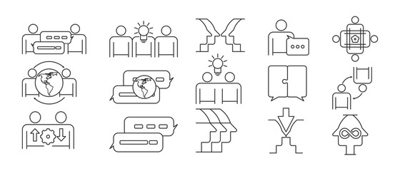 Synergy Mind, Human Interaction, Communication, Exchange of Views, Team Collaboration, Business Cooperation. Line Icons Set.