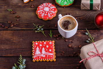 Christmas homemade gingerbread cookies on wooden table. It can be used as a background
