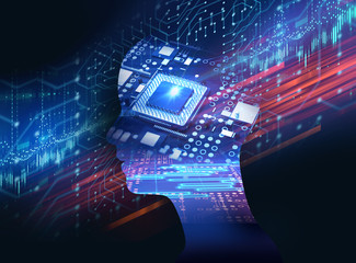 silhouette of virtual human on abstract technology 3d illustration