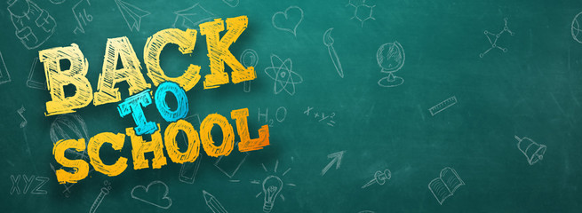 Creative background, inscription Back to school, elements of education and space for text in the background. Flyer, poster for sale, discounts. 3D illustration, 3D rendering