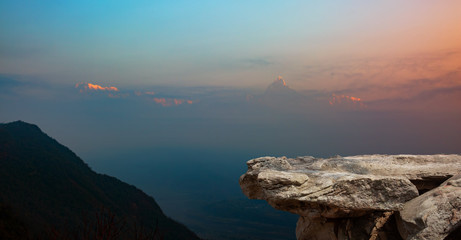 Empty of cliff edge a mountain view,snow mountain landscape at the sunrise time of Everest mountain.