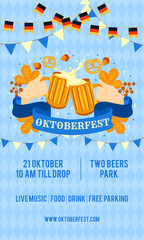 Oktoberfest Poster Template. Two glass toasting mugs with beer, cheers. Traditional German Poster Festival. Mustache, fresh dark beer, pretzel, sausage, accordion, beer and flag. Vector - Illustration