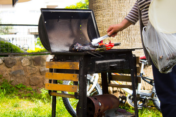 Meat and vegetables cooked on a barbecue