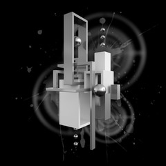 Black and white composition of geometric shapes on the background of blots. 3D illustration