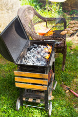 Meat and vegetables cooked on a barbecue