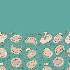 Seamless border of dumplings with spice. Ravioli. Vareniki. Pelmeni. Food. Cooking. National dishes. Products from the dough and meat. Cartoon hand drawn background. Pattern For restaurant menu