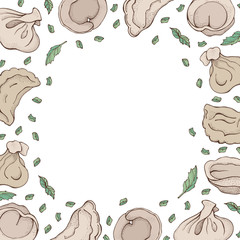 Fototapeta na wymiar Vector background of dumplings with spice. Cartoon hand drawn Ravioli. Vareniki. Pelmeni. Meat dumplings. Food. Cooking. National dishes. Products from the dough and meat. For restaurant menu
