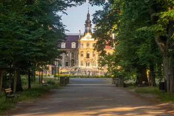 Fototapeta na wymiar avenue of trees leading to the castle,Castle in Moszna near Opole, Silesia, Poland.