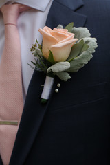 Wedding Photography Groom's Pink Peach Boutonniere with Roses and Lambs Ear Flowers 