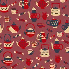 Tea Seamless Pattern with Cups, Pots and Candy. Hand Drawn Vector Illustration.