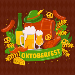 Oktoberfest. Traditional German Poster Festival. Mustache, . fresh dark beer, pretzel, sausage, autumn leaf, flag, accordion, beer and flag on black background. Vector - Illustration
