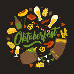 Oktoberfest. Traditional German Poster Festival. Fresh dark beer, pretzel, sausage, autumn leaf, flag, accordion, beer and flag on black background. Vector - Illustration