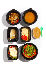 Variety of clean dieting foods in plastic package , top view. Healthy clean food concept.