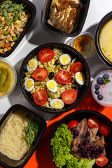 Variety of clean dieting foods in plastic package , top view. Healthy clean food concept.