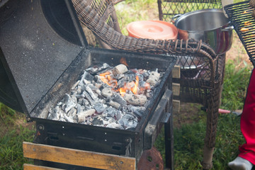 Meat and vegetables cooked on a barbecue