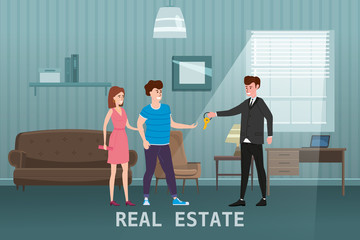Fototapeta na wymiar Young Happy Couple Accepting. Real estate concept. Sale or rent new home service