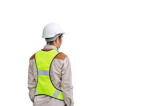 Back View Of Male Construction Worker Isolated On White Background